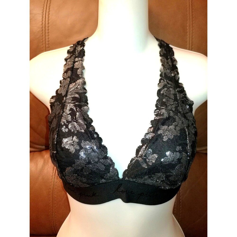 Beautiful Womens Pink Victoria's Secret Sexy Black Silver Lace Bralette Bra Sz S